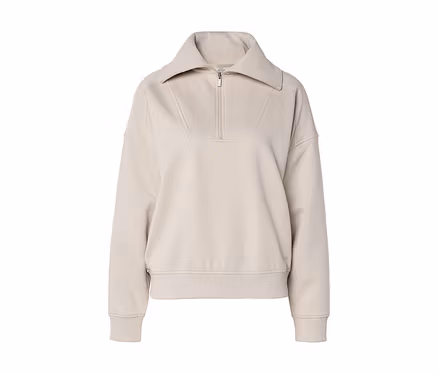 Helles beiges Langarm-Sweatshirt mit breitem Kragen und kurzem Reißverschluss vorne, mit gerippten Bündchen und Saum.