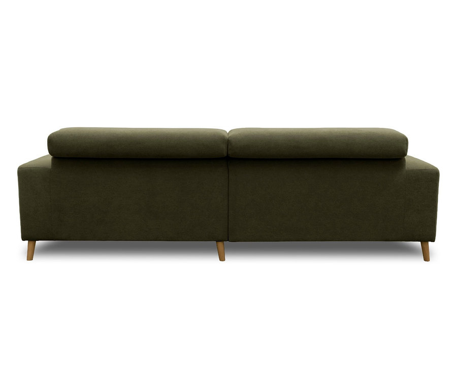 Rückansicht eines dunkelgrünen Sofas mit zwei Rückenkissen und hellen Holzbeinen vor weißem Hintergrund.