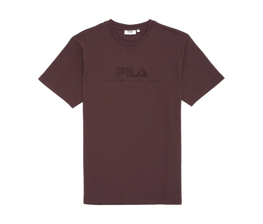 Dunkelbraunes FILA T-Shirt mit Rundhalsausschnitt und eingeprägtem Logo auf der Brust.