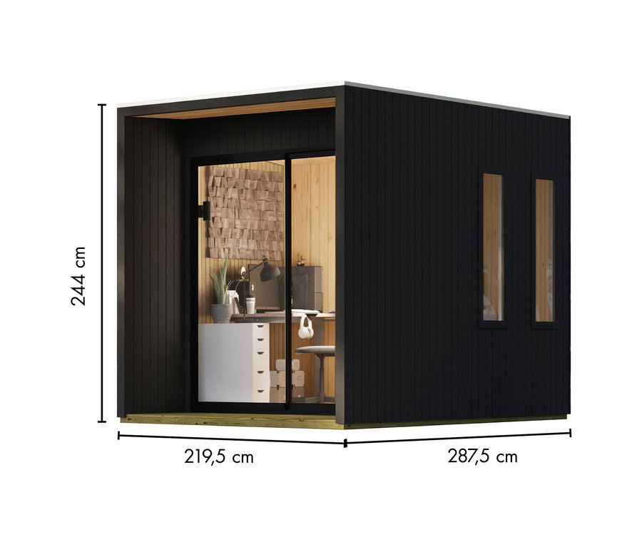 Modernes schwarzes Karibu Homeoffice-Gartenhaus »Valentin« mit Holzverkleidung und großen Glas-Schiebetüren, das einen eingerichteten Büroraum mit Schreibtisch, Computer und Stuhl zeigt. An der Seite befinden sich zwei schmale Fenster. Maße: 244 cm hoch, 219,5 cm breit, 287,5 cm tief.