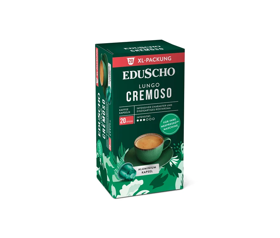 Verpackung von EDUSCHO Lungo Cremoso Kaffeekapseln, XL-Packung mit 20 Stück.