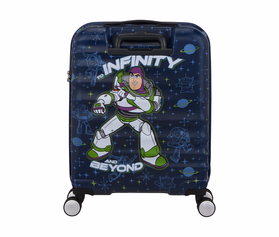 Dunkelblauer Koffer mit Buzz Lightyear, Sternen, Planeten und Aliens, mit dem Text 'TO INFINITY AND BEYOND', einem schwarzen Griff und vier Rollen.