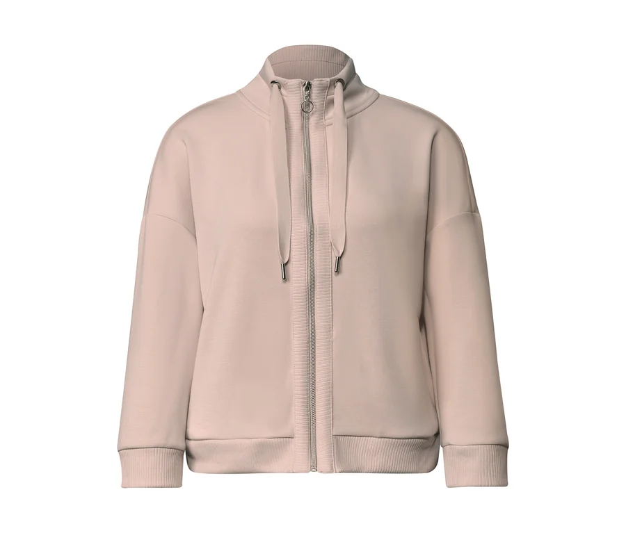 Street One Sweatjacke in Hellrosa mit Stehkragen, Reißverschluss und gerippten Bündchen.