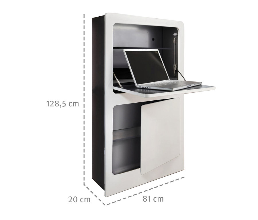 Geöffneter Roba Schreibtisch »Milano« mit Laptop darauf, Maße werden angezeigt.