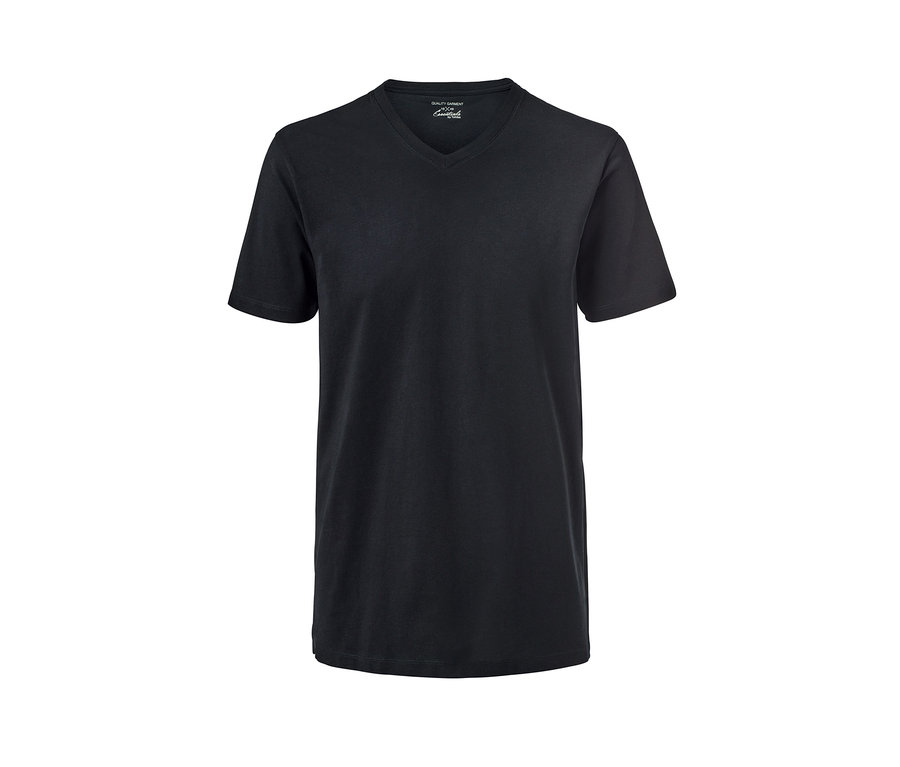 Schwarzes T-Shirt mit V-Ausschnitt.