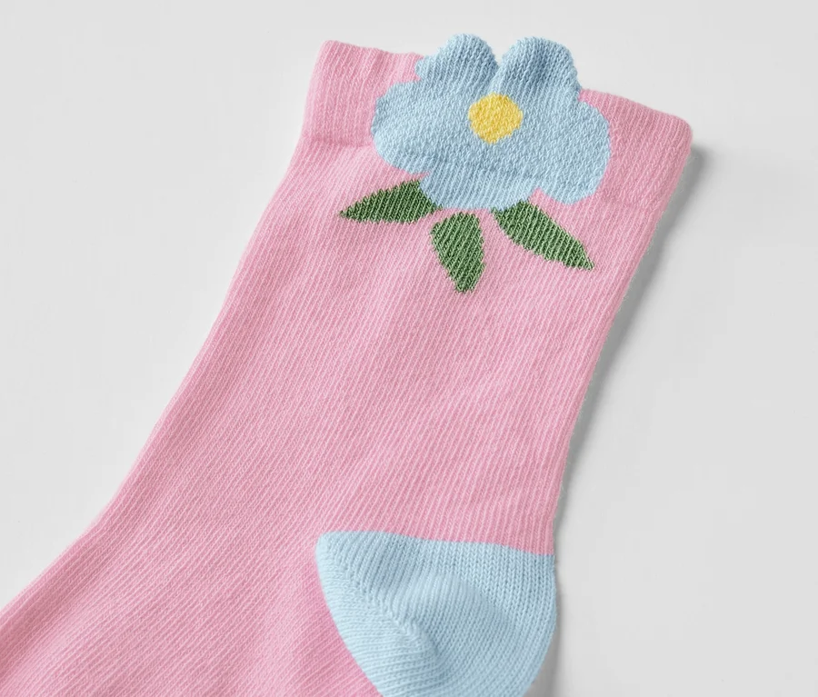 Rosa Kinder-Socke mit blauer Blume, 5 Paar Kinder-Socken, floral