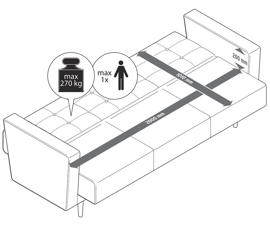 Skizze eines 3-Sitzer-Schlafsofas »Janny« mit Maßangaben und Gewichtsbelastung.