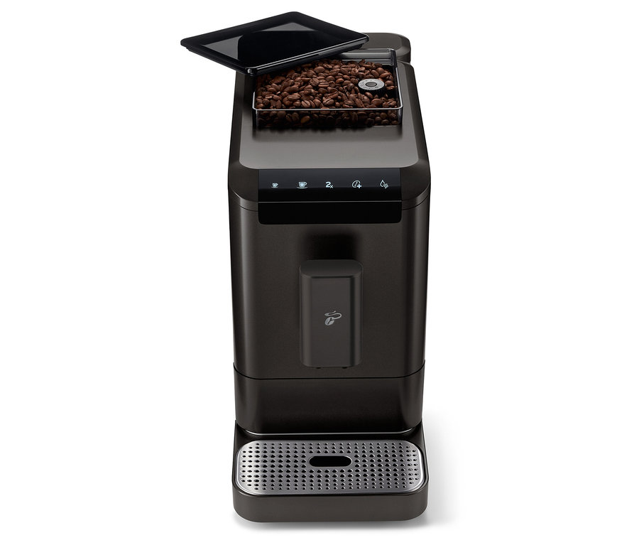 Frontansicht des »Esperto2 Caffè« Kaffeevollautomaten in Granite Black mit offenem Bohnenbehälter.