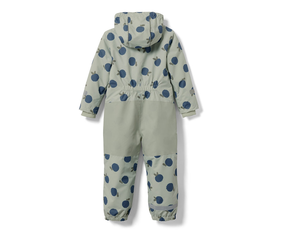 Kleinkind-Regen-Einteiler mit Heidelbeermuster, Rückansicht.