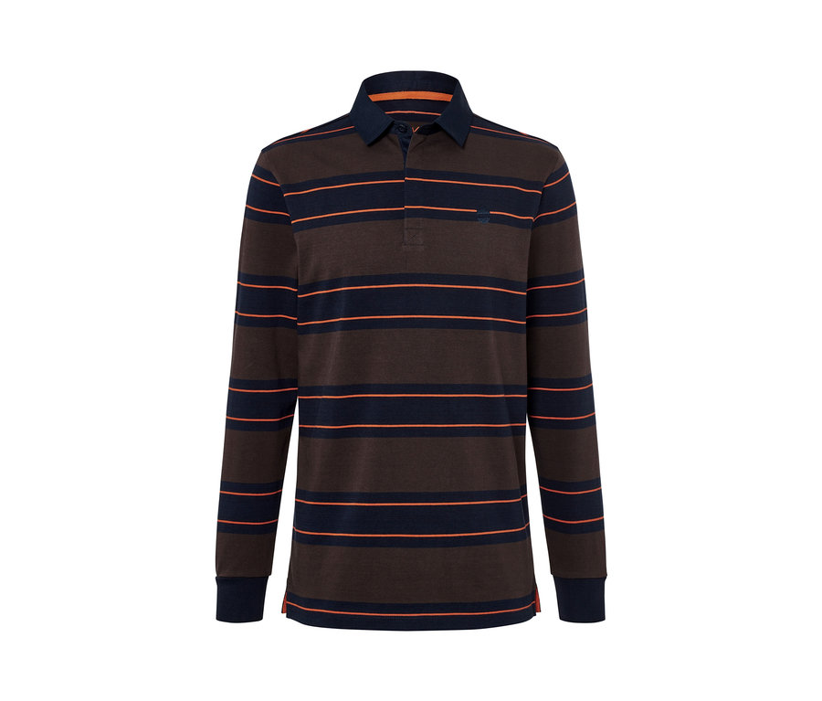 Ein braun-dunkelblau gestreiftes Langarm-Poloshirt.