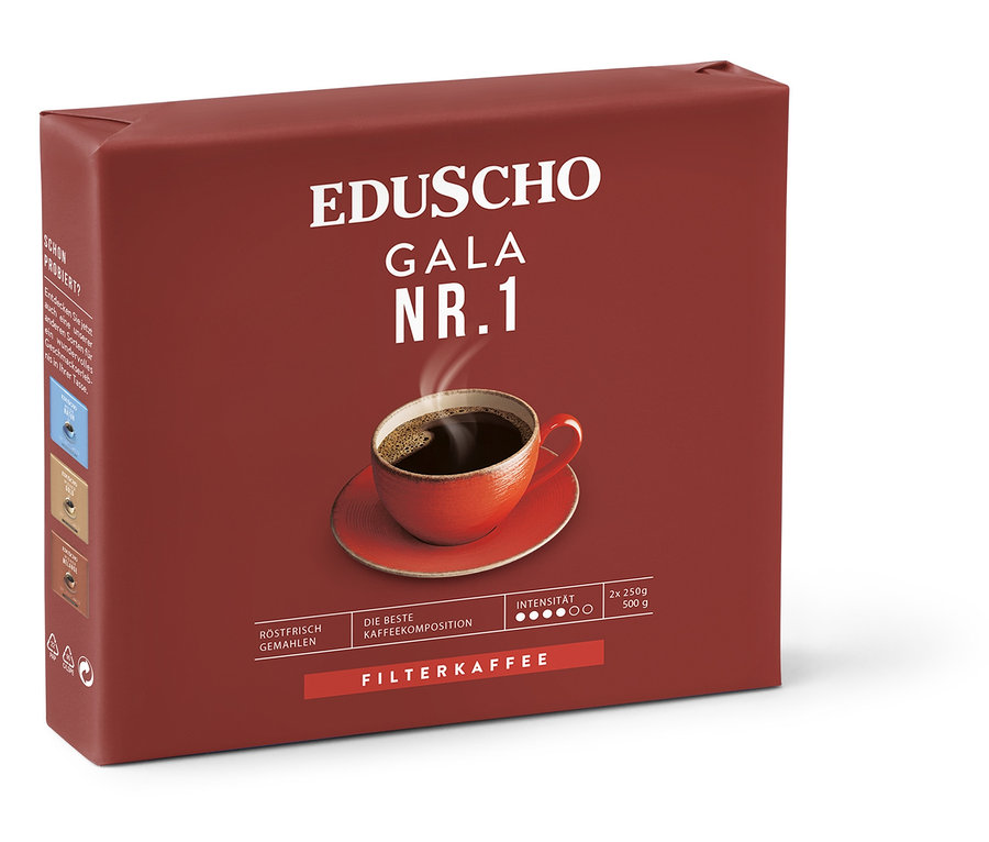 Packung Eduscho Gala Nr. 1 gemahlener Kaffee mit Kaffeetasse.