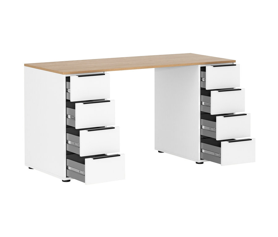 Schreibtisch »Elma«, matt weiß, mit teilweise geöffneten Schubladen.