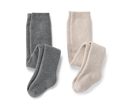 Zwei melierte Baby-Thermostrumpfhosen und zwei melierte Kinder-Thermostrumpfhosen.