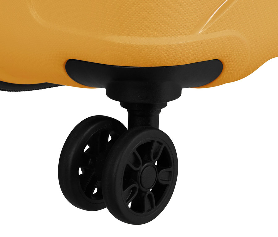 Detailansicht eines gelben American Tourister »Jetdriver 3.0« Koffers mit schwarzen Rollen.