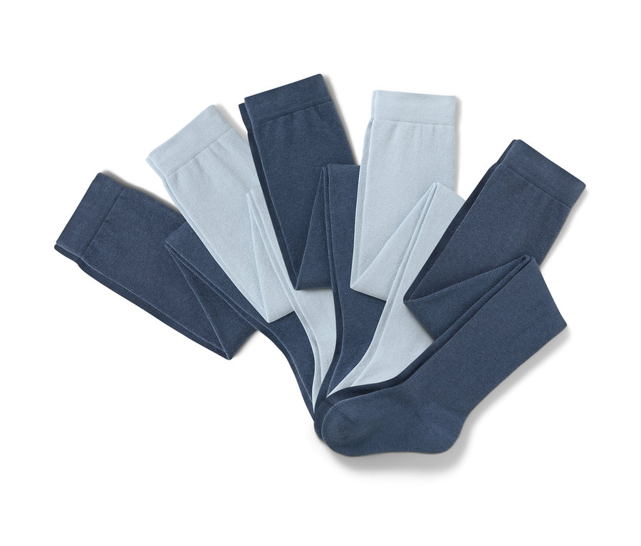 Fünf blaue Baumwollstrumpfhosen.