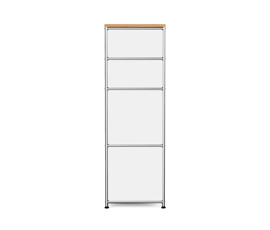 Schmale, weiße Metallkommode »CN3« mit Holzplatte und zwei Schubladen.