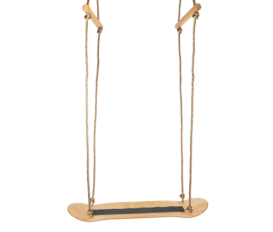 small foot Skateboard-Schaukel aus Holz mit schwarzer Antirutschfläche in der Mitte.