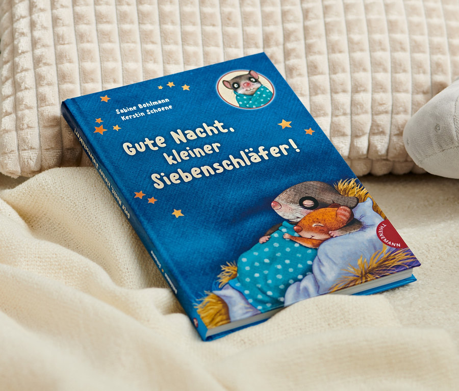 Das Buch »Gute Nach, kleiner Siebenschläfer!« liegt auf einer Decke neben Kissen und einem Plüsch-Nilpferd.