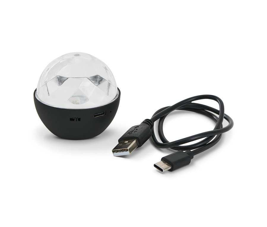 Mini-Discokugel mit schwarzem Sockel und USB-Kabel.