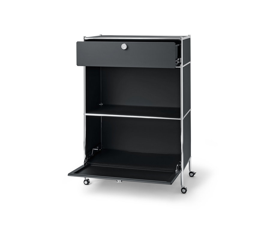 Schwarze Kommode Metall »CN3« mit offener Schublade und Klappenfach.