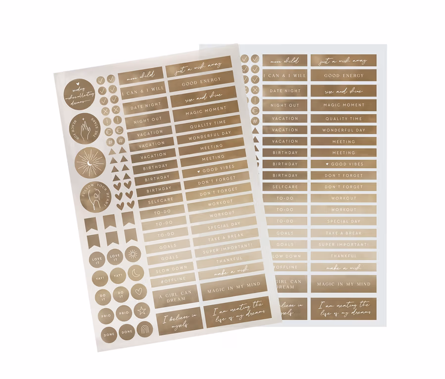 Zwei Blätter goldener Aufkleber mit Aufschriften wie 'Date Night', 'Vacation' und 'Selfcare'. Sticker-Set »Wish«.
