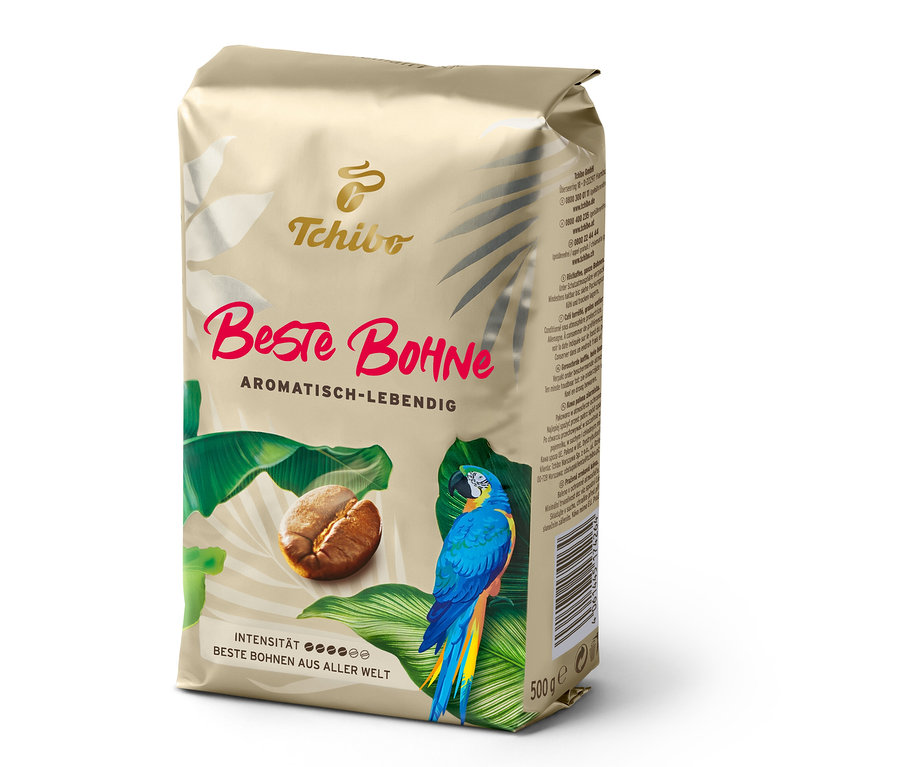 Eine Packung Beste Bohne Kaffee mit einer Abbildung einer Kaffeebohne und eines Papageis.