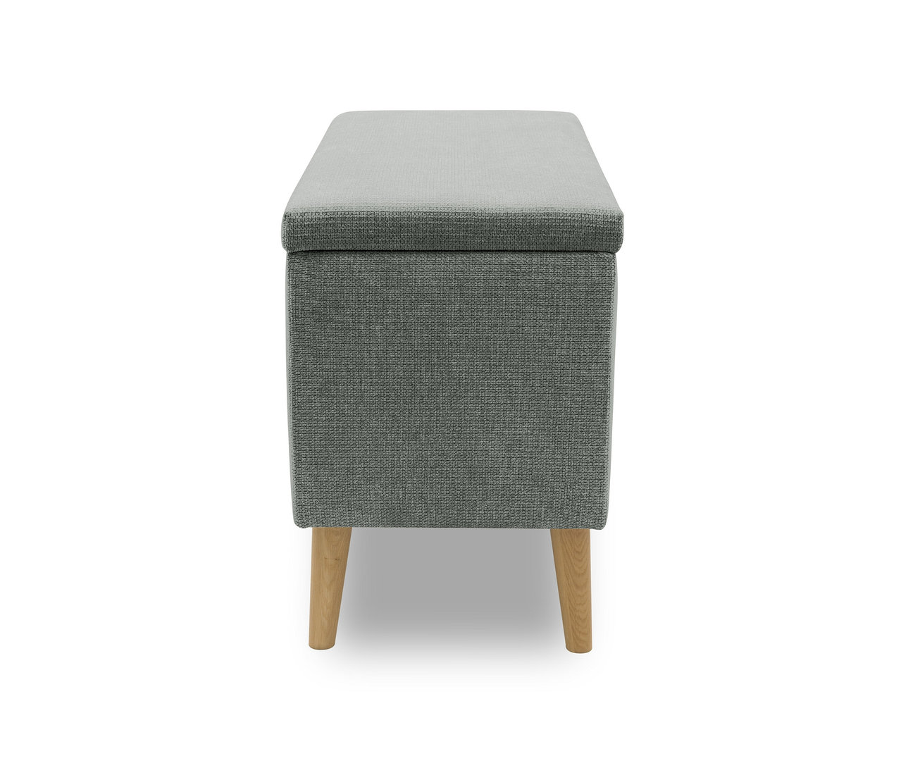 Grauer DOMO Hocker mit Staufach vor weißem Hintergrund.