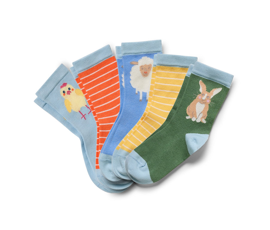 Fünf Paar bunte Kinder-Socken mit Tiermotiven.