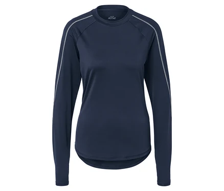 Marineblaues Langarmshirt mit weißen Akzenten an den Ärmeln.
