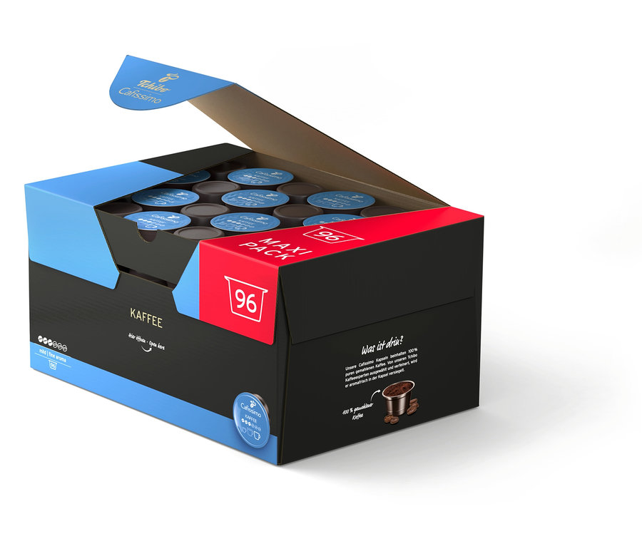 Geöffnete Packung Cafissimo Kaffee mild - 96 Kapseln.