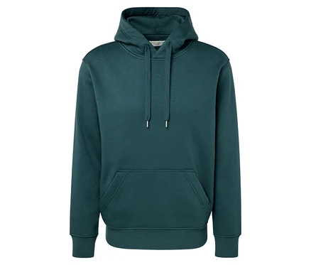 Ein dunkelgrüner Kapuzenpullover mit Kängurutasche.