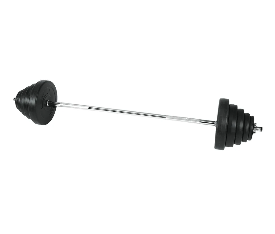 Christopeit-Sport-Langhantel-Set, 41 kg mit schwarzen Gewichten auf einer silbernen Stange.