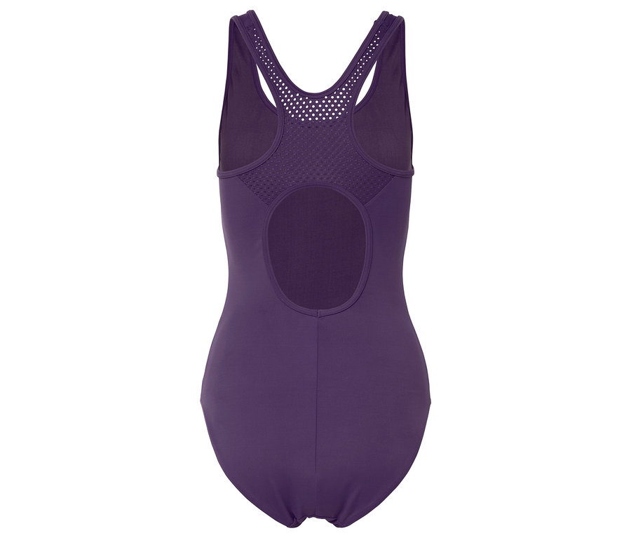 Lila Badeanzug mit Rückenausschnitt und Mesh-Details.