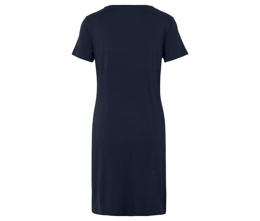 Rückansicht eines dunkelblauen, knielangen T-Shirt-Kleides.