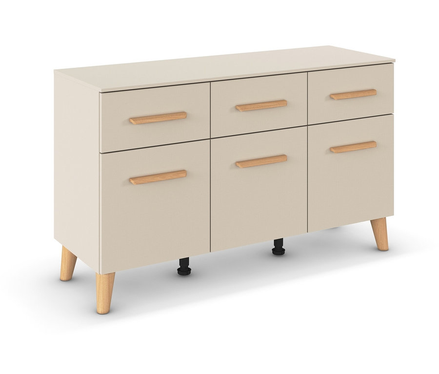 Beige Anrichte mit sechs Schubladen und Holzbeinen.