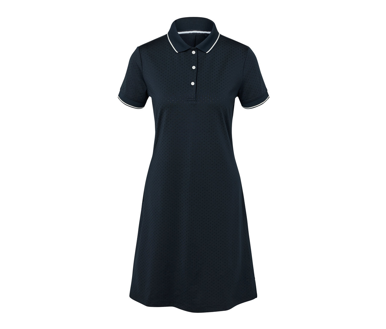 Dunkelblaues Sportkleid mit weißer Bordüre.