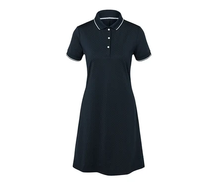 Dunkelblaues Sportkleid mit weißer Bordüre.