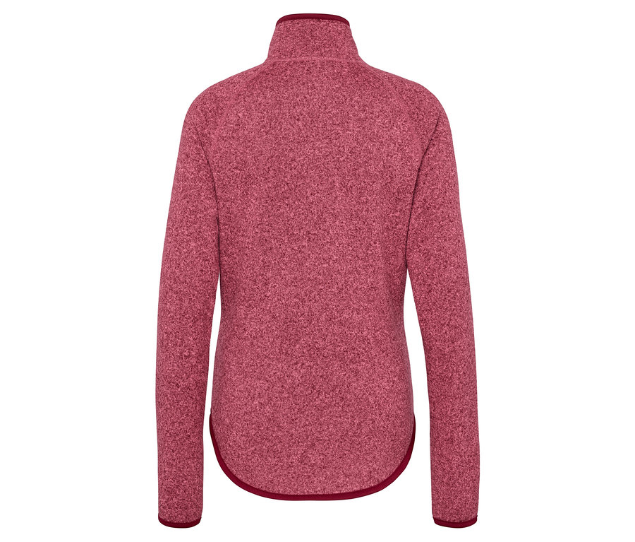 Rückansicht einer langärmeligen Damen-Fleecejacke mit Reißverschluss in Burgunderrot.