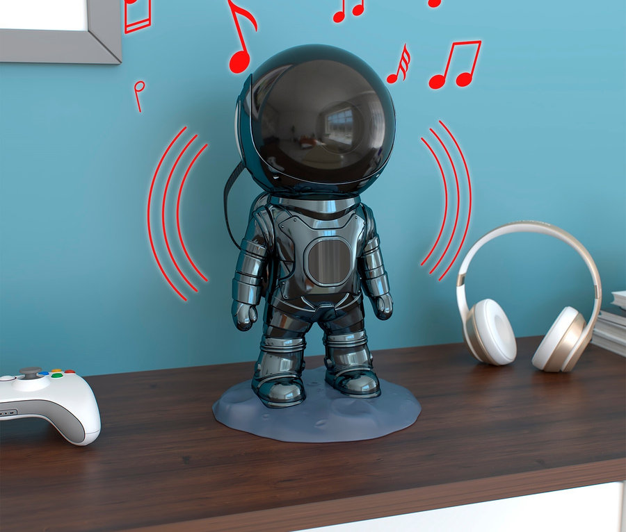 Silberfarbener Astronaut steht auf einem Tisch, Noten und Schallwellen um ihn herum, daneben ein weißer Controller und Kopfhörer.