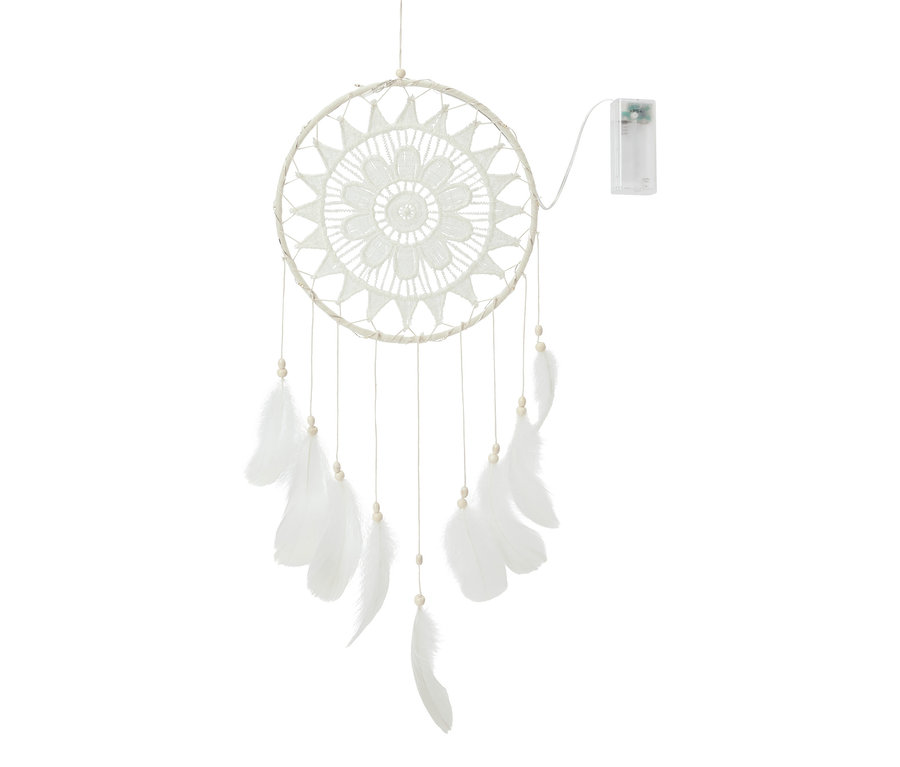 Hängender Traumfänger mit LED-Beleuchtung, weißem Kreis und Federn.