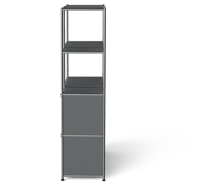 Hohes Aufbewahrungsregal mit zwei offenen Regalen und zwei grauen Schubladen.