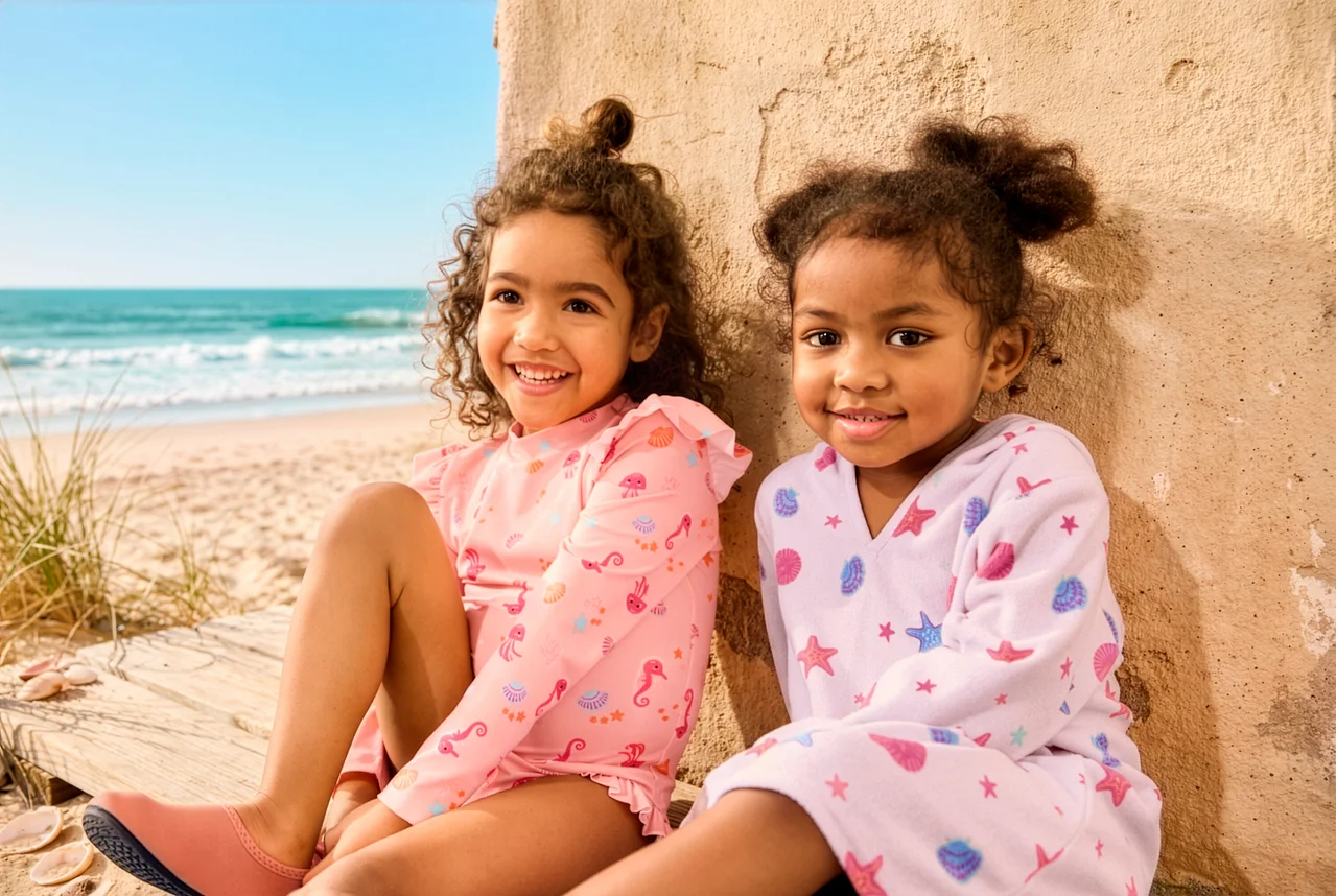Zwei Mädchen sitzen am Strand, eines trägt einen Kinder-Badeanzug mit UV-Schutz und Badeschuhe, das andere einen leichten Kinder-Frottierponcho.