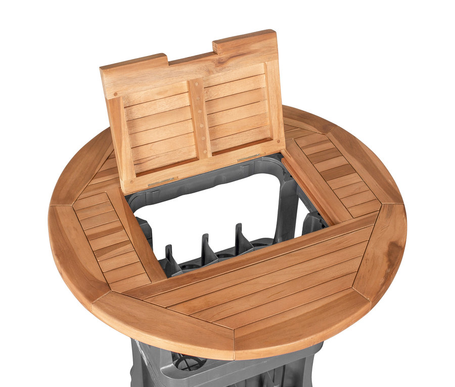 Holztisch mit geöffneter Klappe und grauem Untergestell.