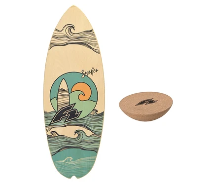 F2 Balance Board Halfshell Set mit Korkhalbkugel. Das hellbraune Balance Board hat ein Surf-Motiv mit Wellen, Surfbrett, Sonne und dem Schriftzug 'Surfen'.