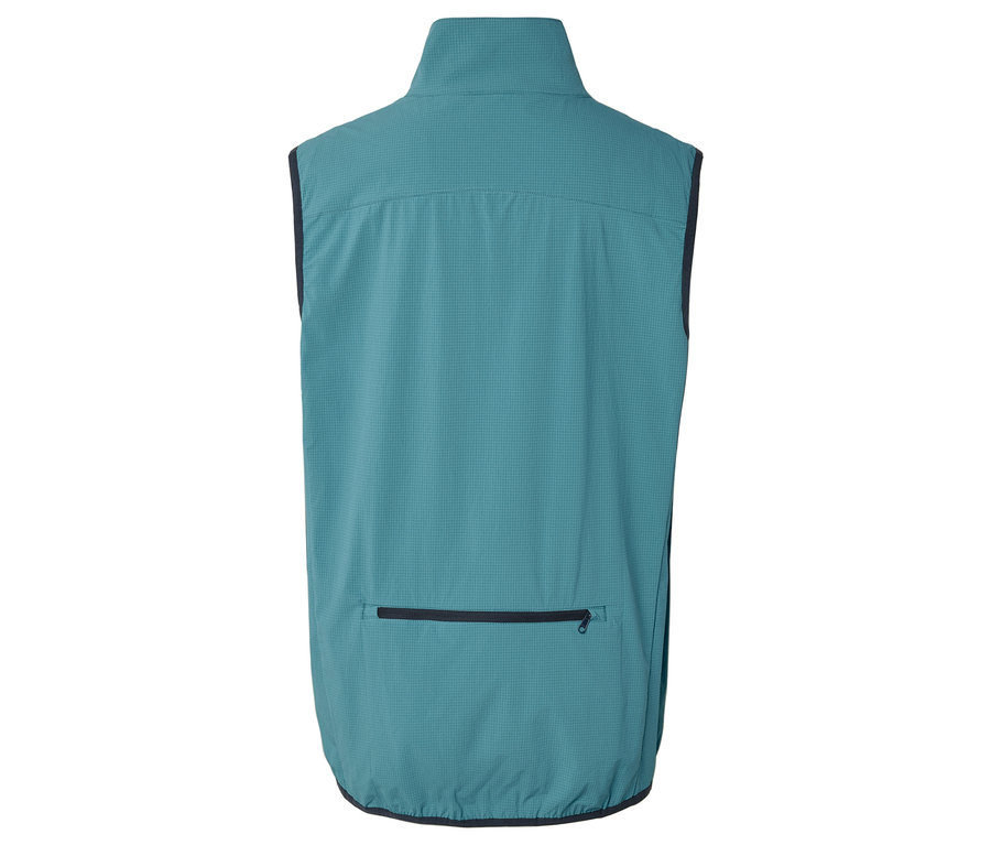 Rückansicht einer ärmellosen, petrolfarbenen Weste mit Reissverschlusstasche.