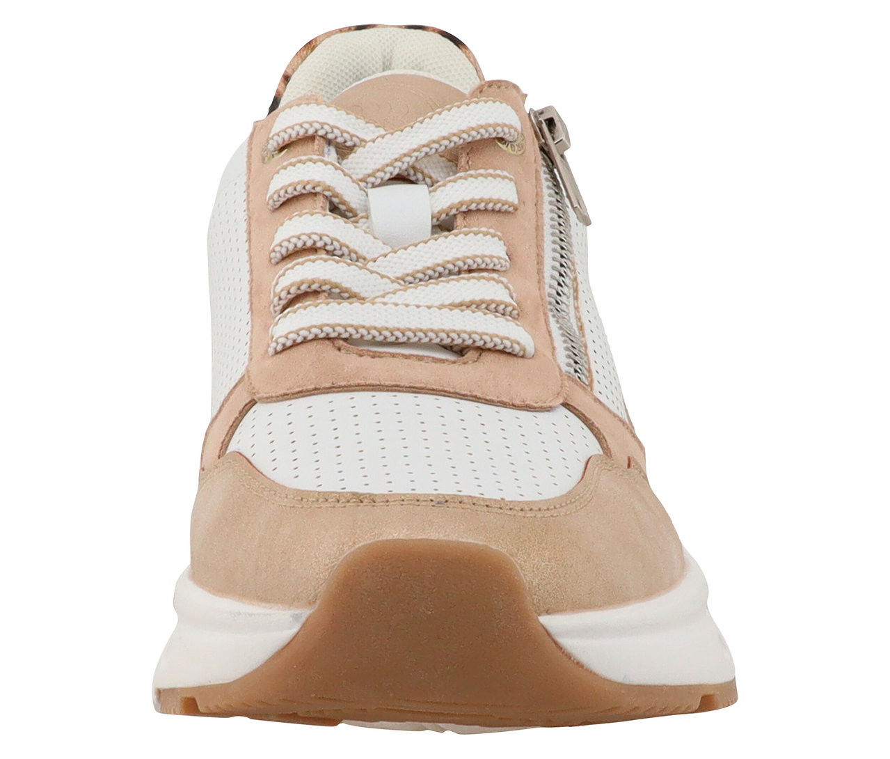 Nahaufnahme eines einzelnen weißen und beigen Sneakers mit Schnürsenkeln und Reißverschluss.