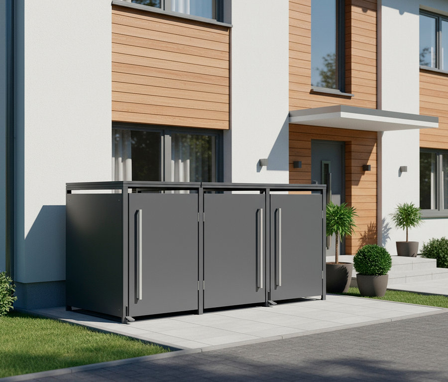 Drei graue Mülltonnenboxen stehen vor einem modernen Haus mit Holzverkleidung.