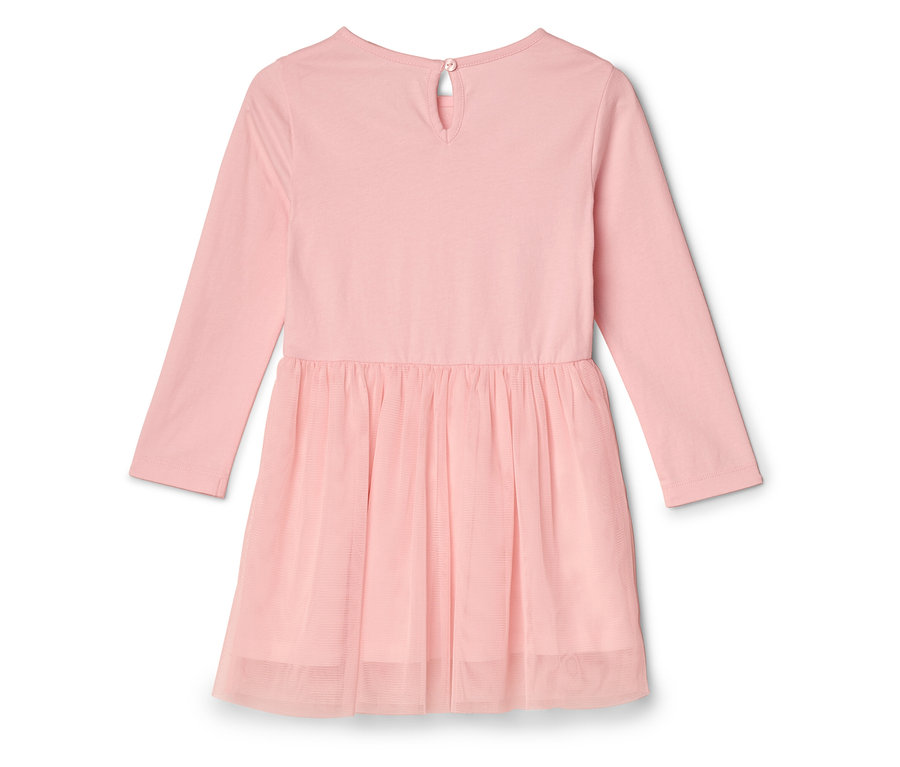 Rosa Kleid mit langen Ärmeln und Tüllrock, Rückenansicht.