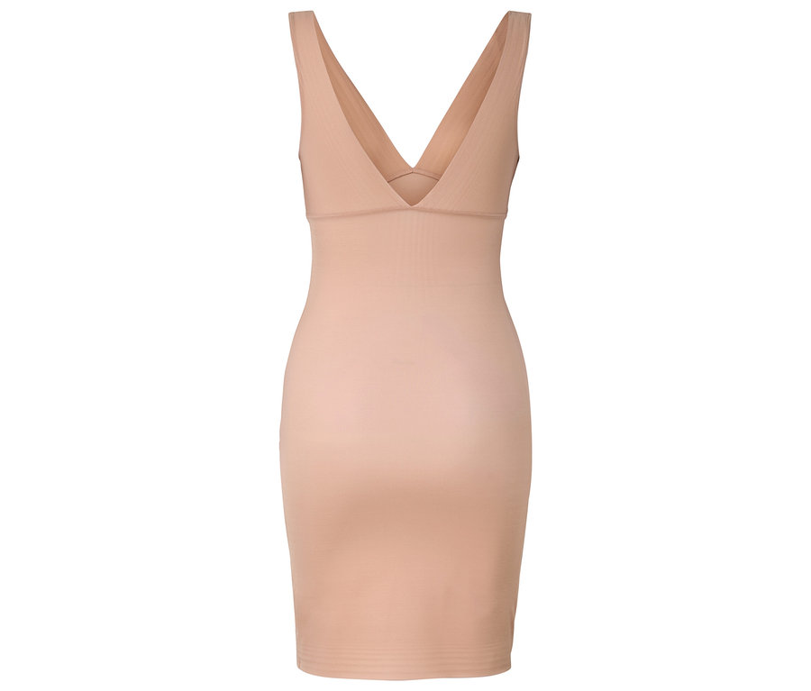 Rückansicht eines beigen, körperbetonten Kleides mit V-Ausschnitt.