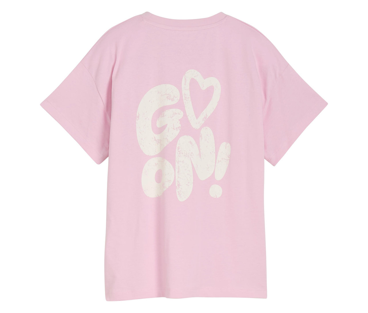 Rosa Tom Tailor T-Shirt mit dem Aufdruck "GO ON!" auf der Rückseite.